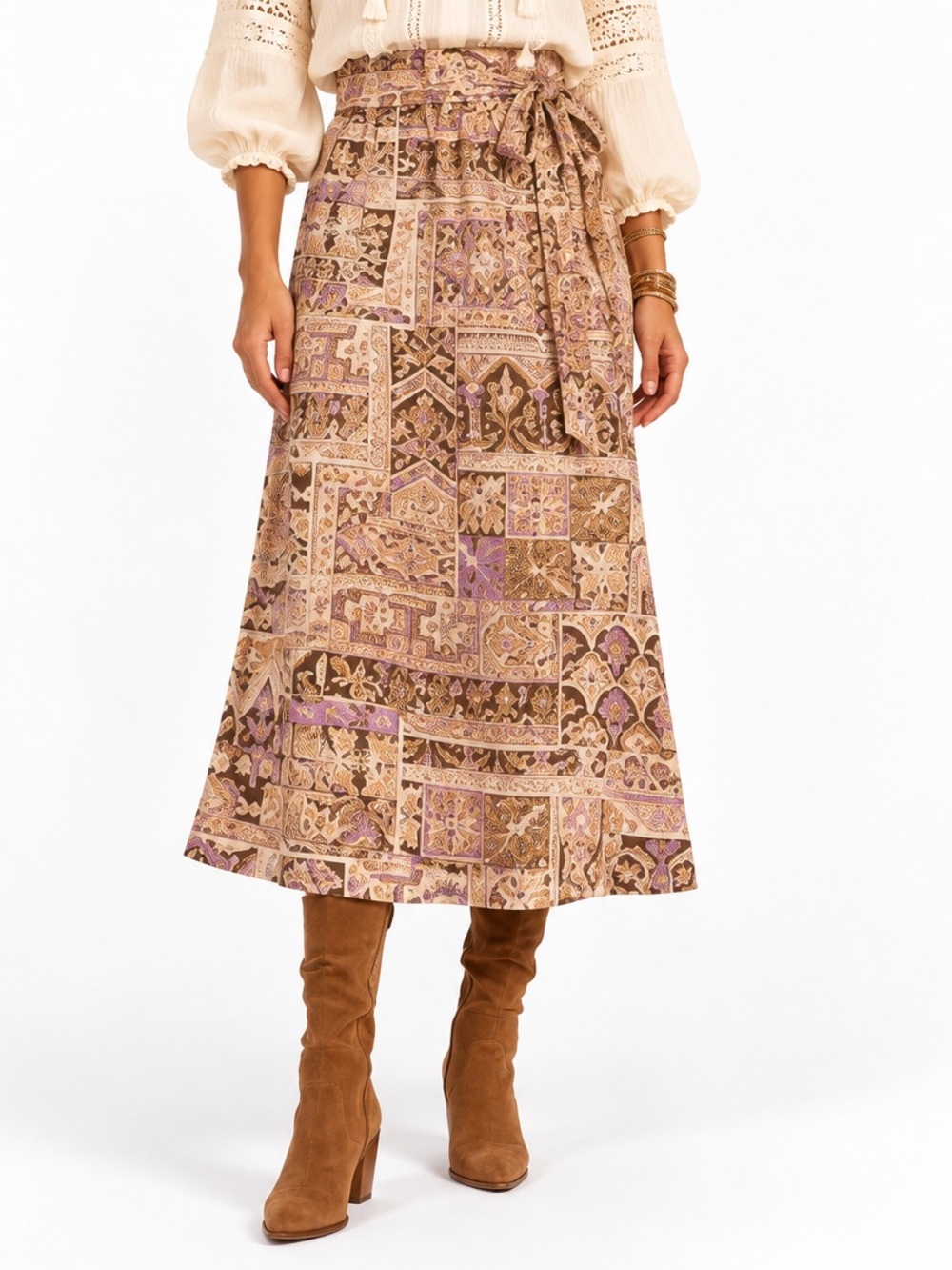 NWT Marie Oliver Linen Blend Wrap Skirt Size XS Boho Paisley Tapestry Print